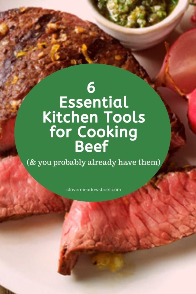 6 Essential Kitchen Tools for Cooking Beef - Cast Iron Skillet, Digital Thermometer, Kosher Salt, Chef's Knife, Wood Cutting Board, BBQ Grill Tool Set. Clover Meadows Beef | Grass Fed Beef | St. Louis STL