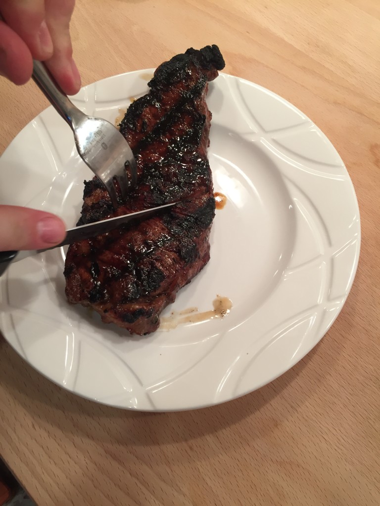 We cut into the first steak immediately after taking it off the grill.